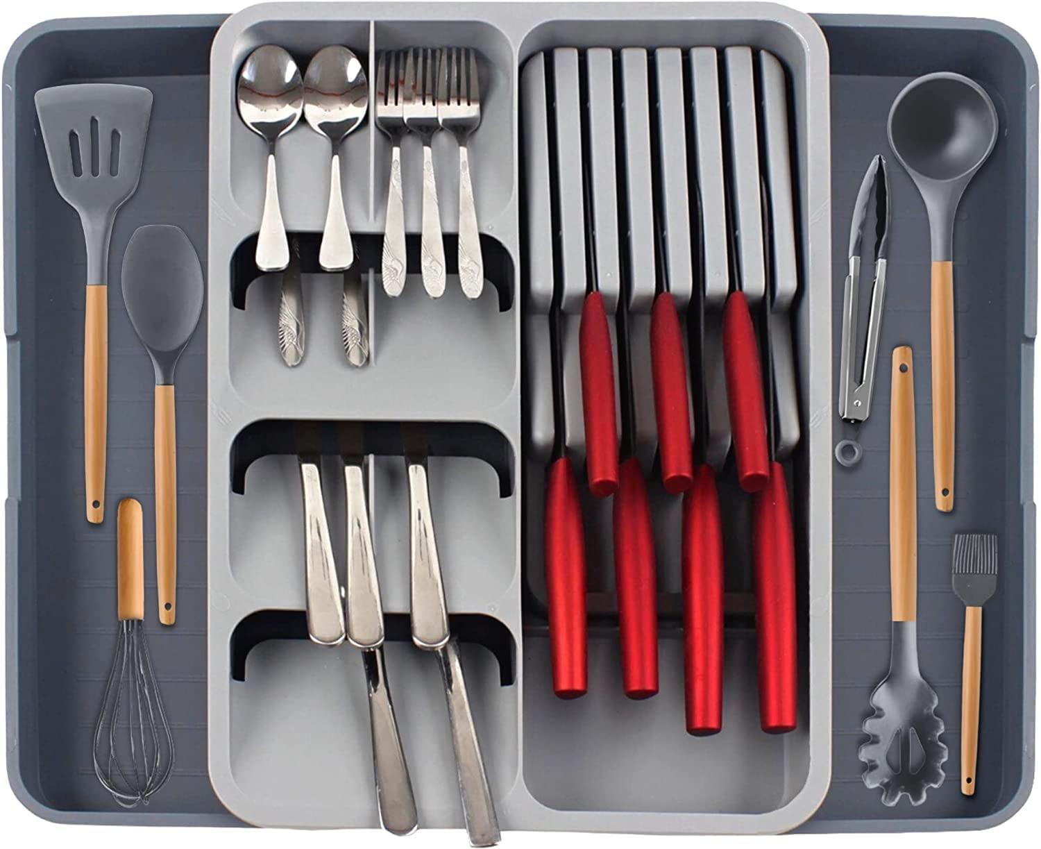StorageMart Expandable cutlery drawer with knife and spoons saver space, adjustable utensils holder |size -39.5 X 56 X 5.5 | Plastic | Grey - StorageMart